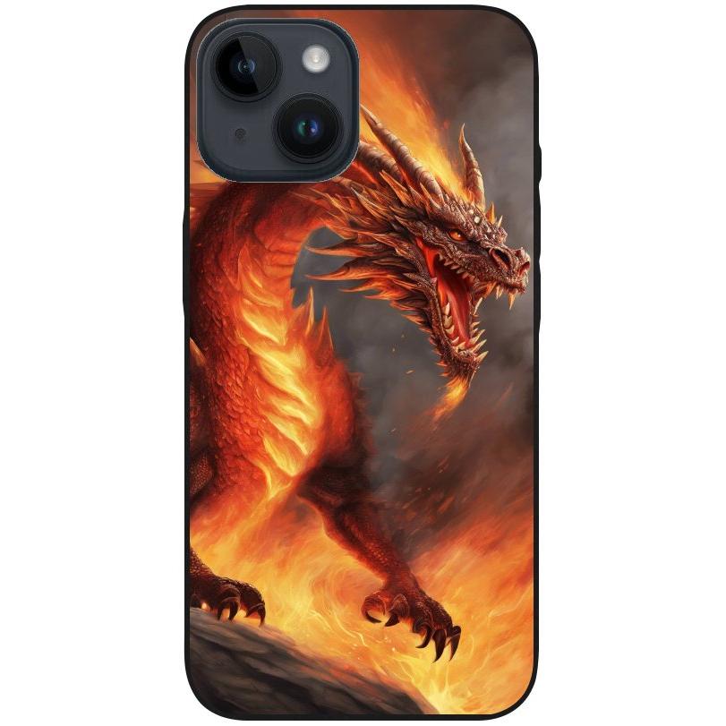 Hülle iPhone 14 - Silikonhülle schwarz mit Motiv 5 Drache in Flammen - personalisierbar