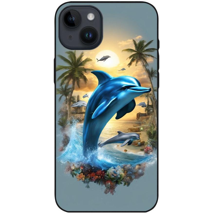 Hülle iPhone 14 Plus - Silikonhülle schwarz mit Motiv 41 Delfin und Palmen - personalisierbar