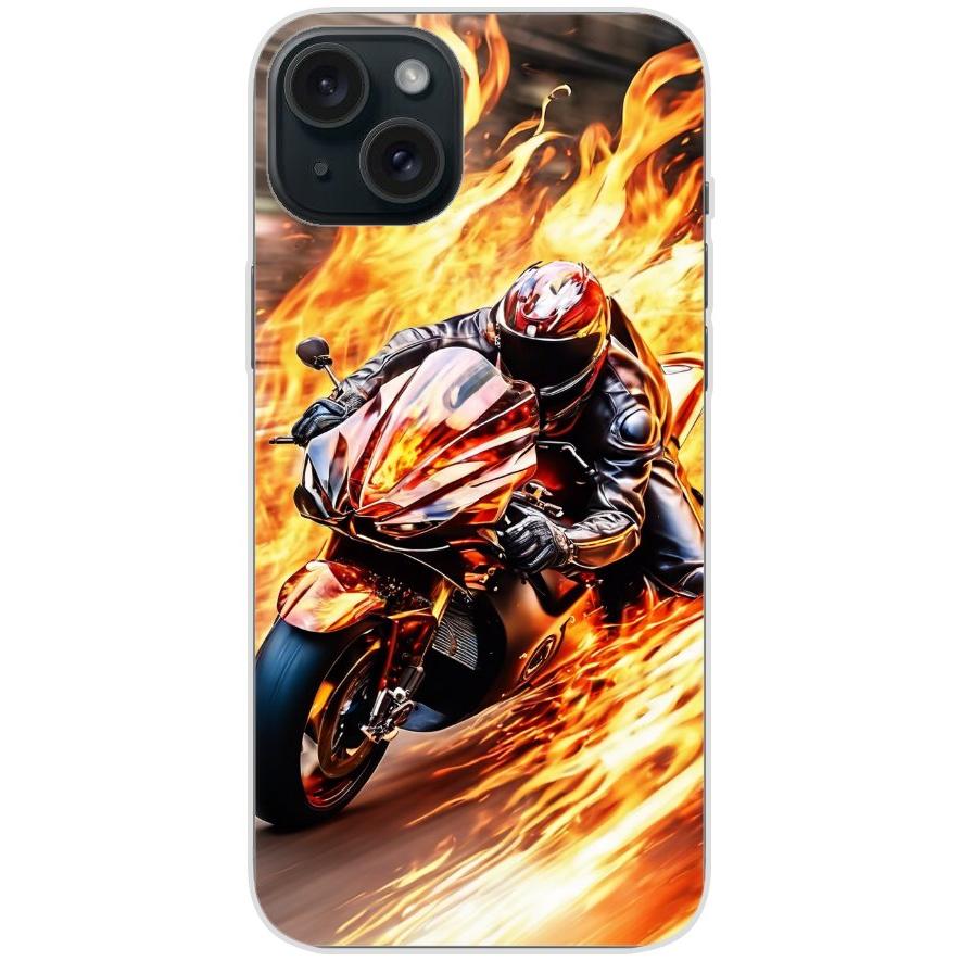 Handyhülle iPhone 15 Plus aus transparentem Silikon mit Motiv 14 Motorradfahrer in Flammen - personalisierbar