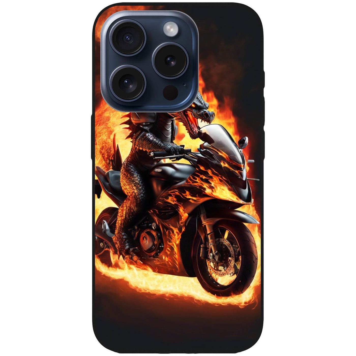 Handyhülle iPhone 15 Pro - Silikonhülle schwarz mit Motiv 24 Drache auf Motorrad - personalisierbar