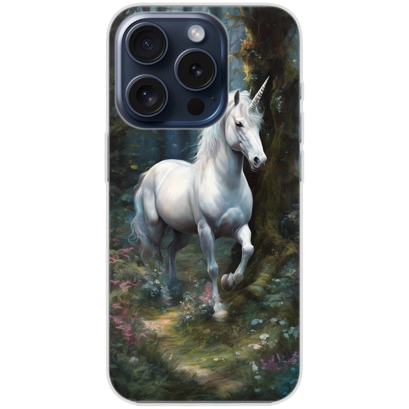 Handyhülle iPhone 15 Pro aus transparentem Silikon mit Motiv 44 Einhorn weiß - personalisierbar