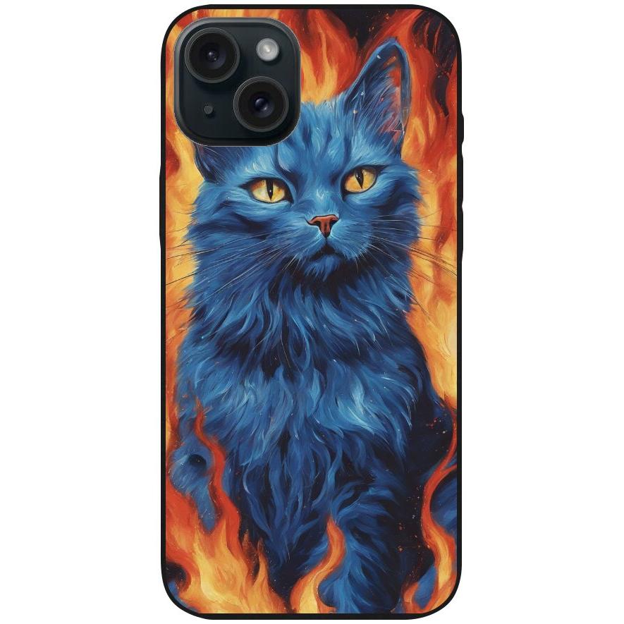 Handyhülle iPhone 15 Plus - Silikonhülle schwarz mit Motiv 7 blaue Katze in Flammen - personalisierbar