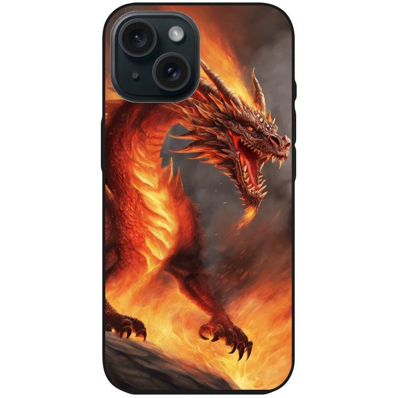 Handyhülle iPhone 15 - Silikonhülle schwarz mit Motiv 5 Drache in Flammen - personalisierbar