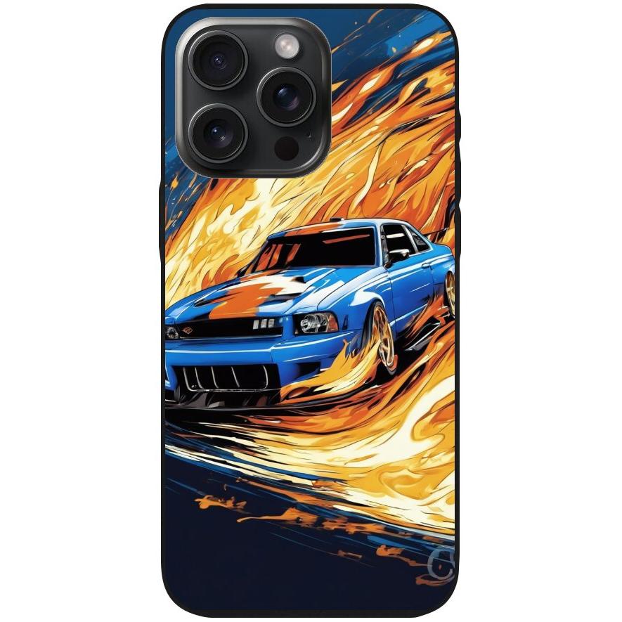 Handyhülle iPhone 15 Pro Max- Silikonhülle schwarz mit Motiv 15 blaues Auto in Flammen - personalisierbar