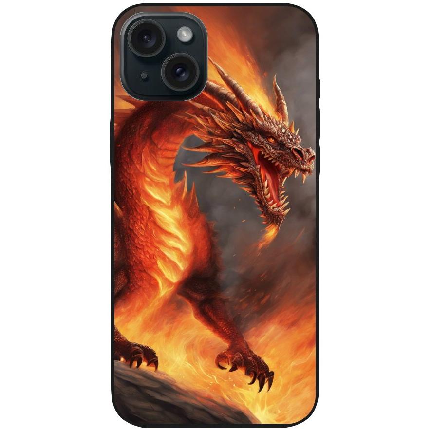 Handyhülle iPhone 15 Plus - Silikonhülle schwarz mit Motiv 5 Drache in Flammen - personalisierbar