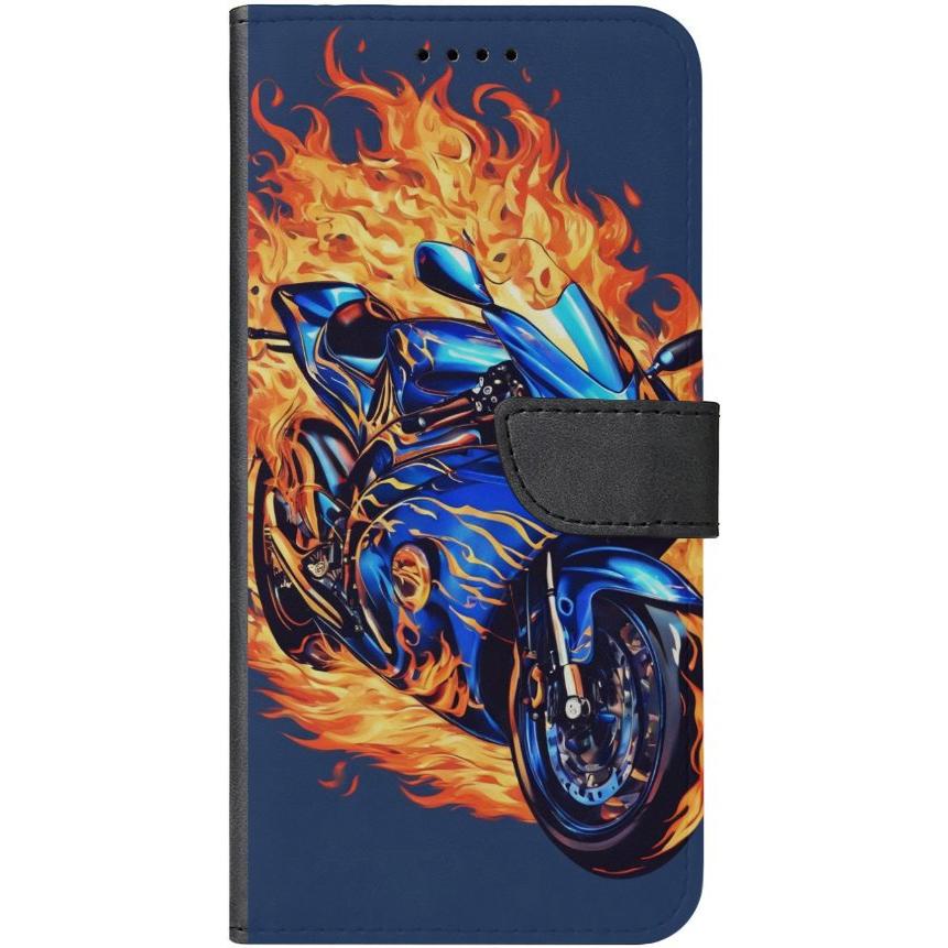 iPhone 14 Handyhülle aus Kunstleder mit Lasche 2 Motorrad in Flammen - personalisierbar