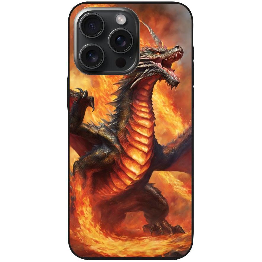 Handyhülle iPhone 15 Pro Max- Silikonhülle schwarz mit Motiv 12 Drache in Flammen - personalisierbar