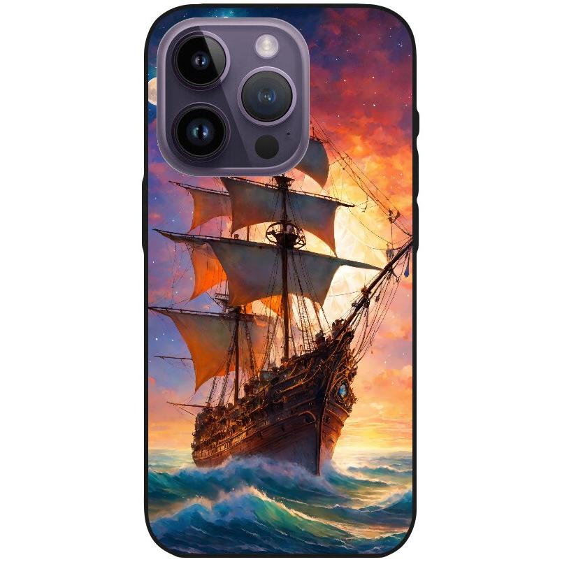 Hülle iPhone 14 Pro - Silikonhülle schwarz mit Motiv 43 Segelschiff - personalisierbar