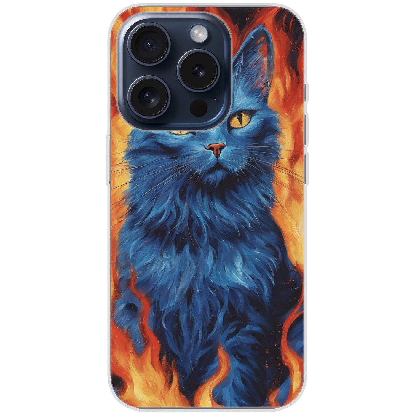 Handyhülle iPhone 15 Pro aus transparentem Silikon mit Motiv 7 blaue Katze in Flammen - personalisierbar