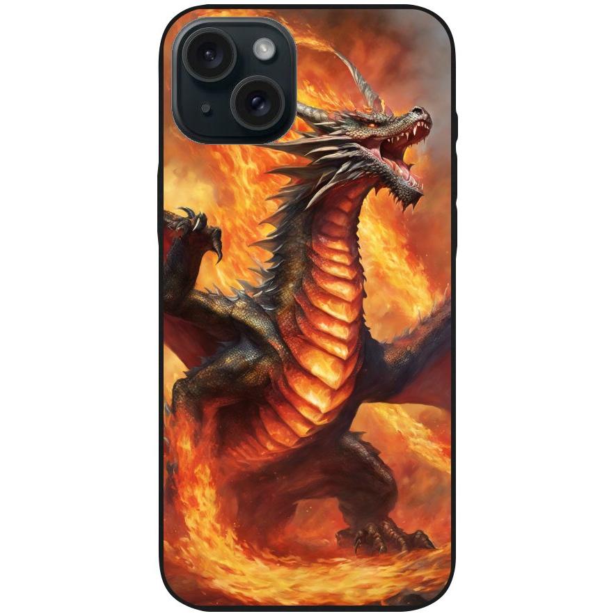 Handyhülle iPhone 15 Plus - Silikonhülle schwarz mit Motiv 12 Drache in Flammen - personalisierbar