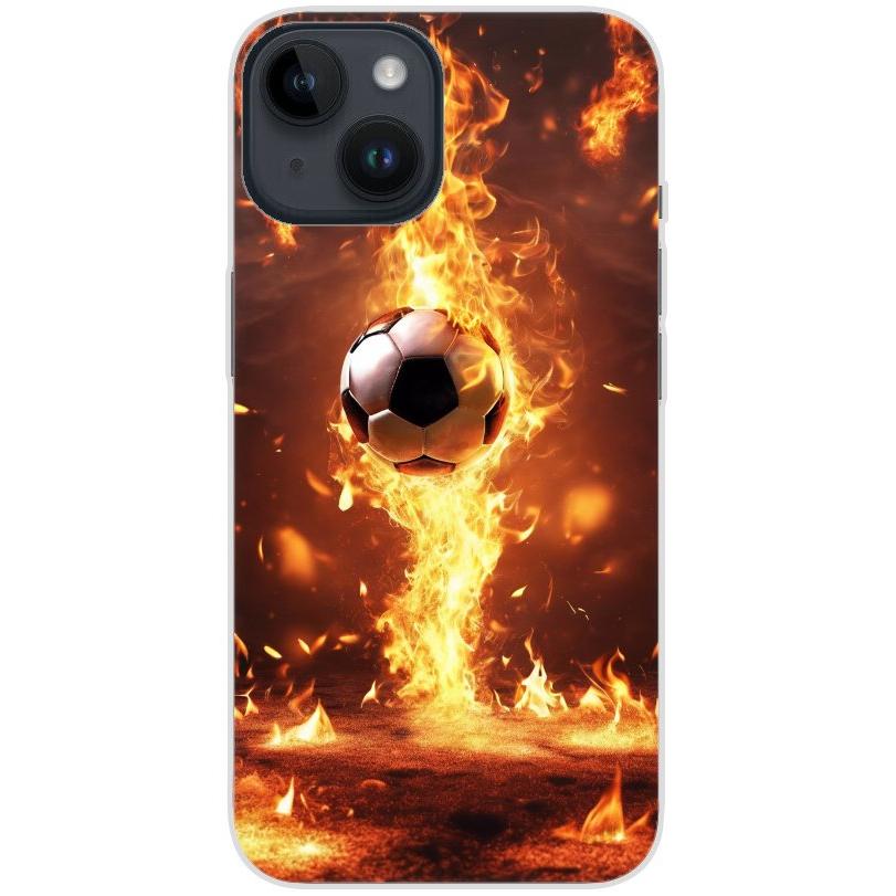 Handyhülle iPhone 14 aus transparentem Silikon mit Motiv 37 Fußball in Feuer - personalisierbar