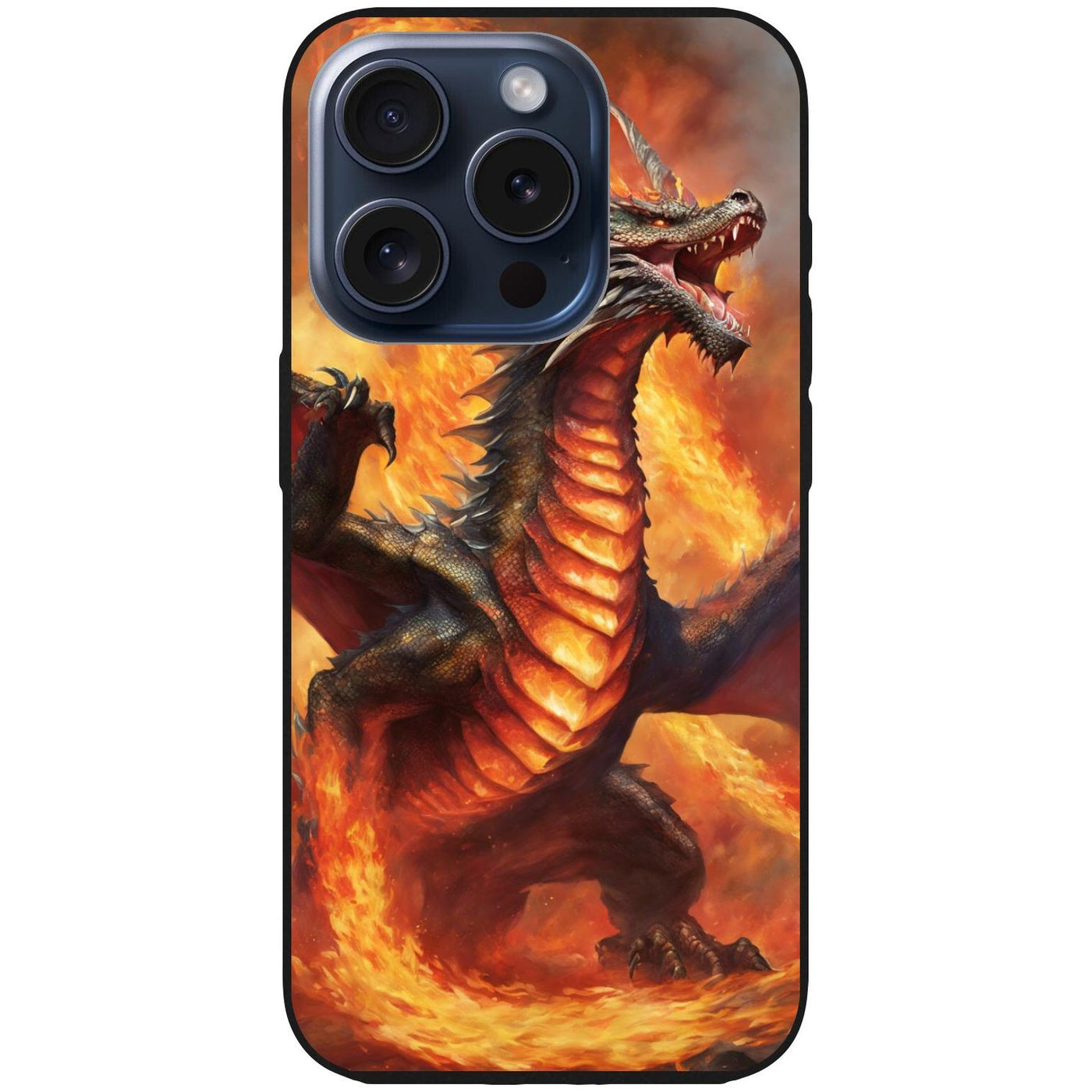 Handyhülle iPhone 15 Pro - Silikonhülle schwarz mit Motiv 12 Drache in Flammen - personalisierbar