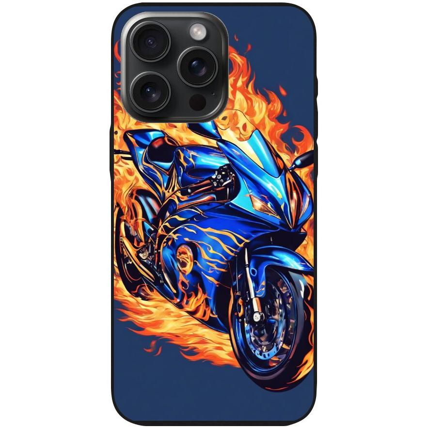 Handyhülle iPhone 15 Pro Max- Silikonhülle schwarz mit Motiv 2 Motorrad in Flammen - personalisierbar