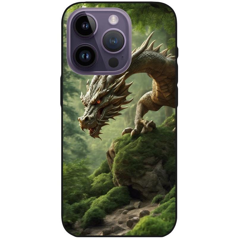 Hülle iPhone 14 Pro - Silikonhülle schwarz mit Motiv 45 Drache Felsen grün - personalisierbar