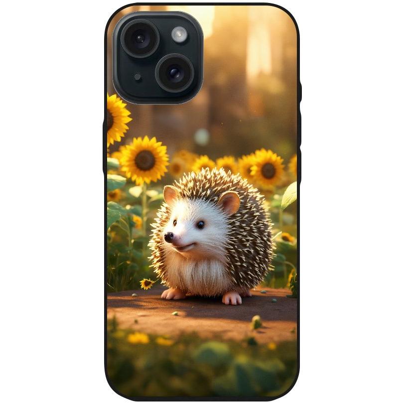 Handyhülle iPhone 15 - Silikonhülle schwarz mit Motiv 20 süßer Igel Sonnenblumen - personalisierbar