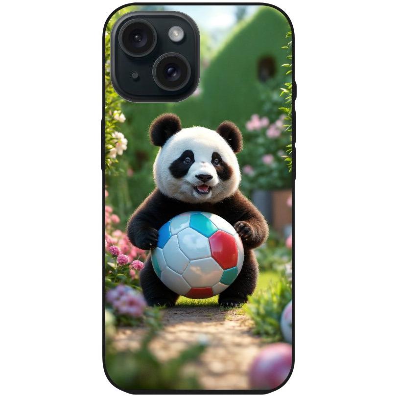 Handyhülle iPhone 15 - Silikonhülle schwarz mit Motiv 49 Panda animiert mit Bällen - personalisierbar