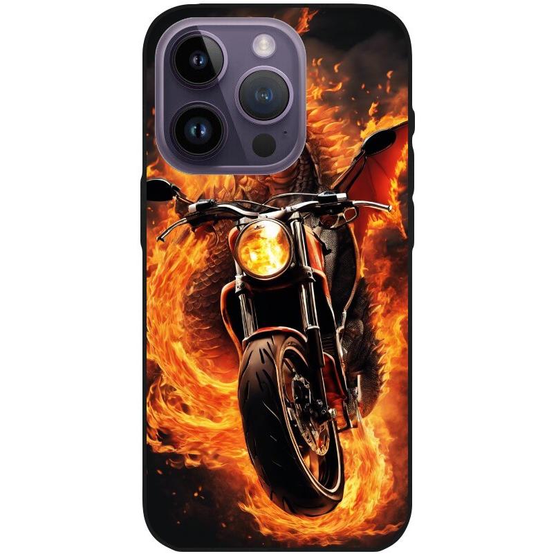 Hülle iPhone 14 Pro - Silikonhülle schwarz mit Motiv 33 Feuerdrache auf Motorrad - personalisierbar