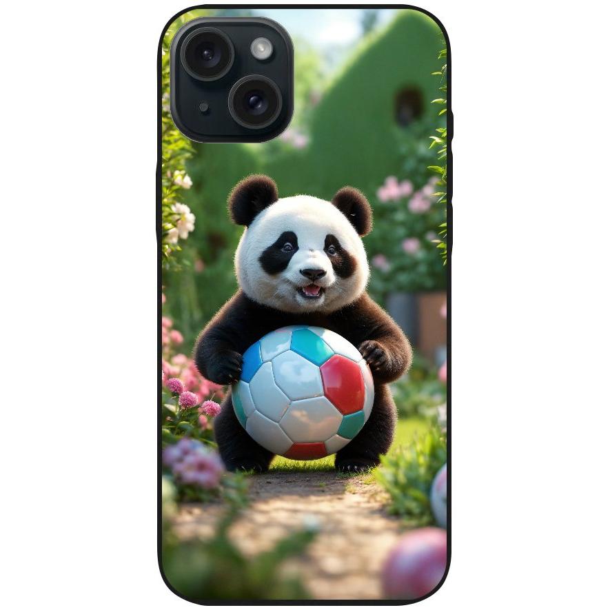 Handyhülle iPhone 15 Plus - Silikonhülle schwarz mit Motiv 49 Panda animiert mit Bällen - personalisierbar