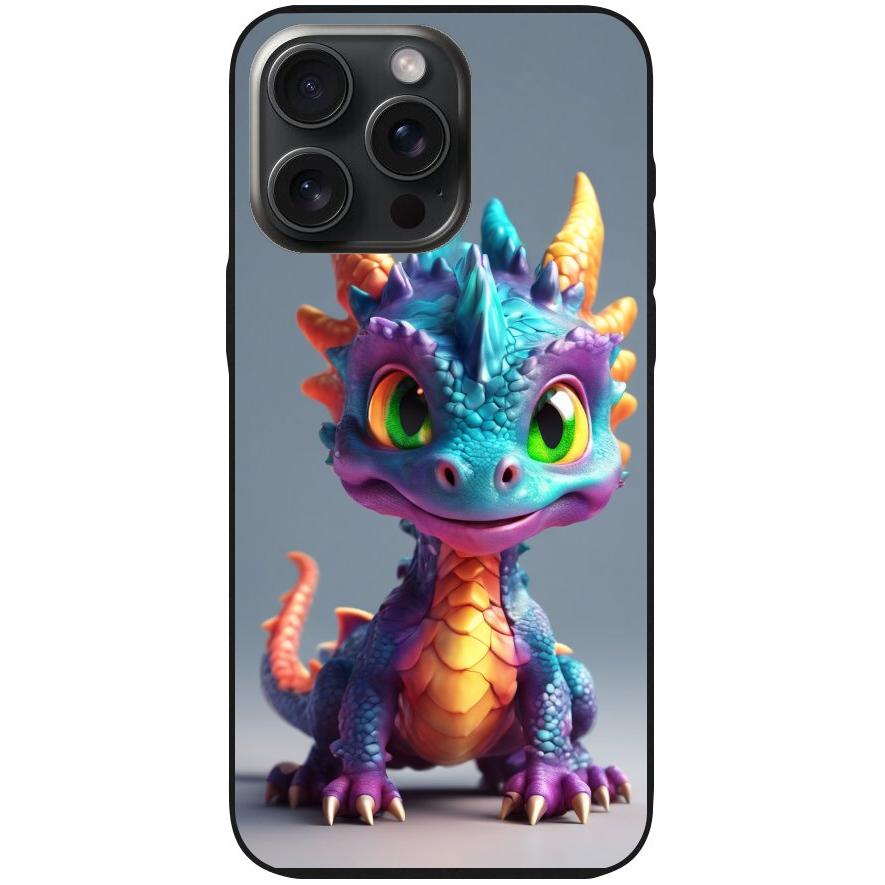 Handyhülle iPhone 15 Pro Max- Silikonhülle schwarz mit Motiv 21 bunter Baby Drache - personalisierbar