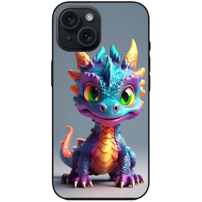 Handyhülle iPhone 15 - Silikonhülle schwarz mit Motiv 21 bunter Baby Drache - personalisierbar