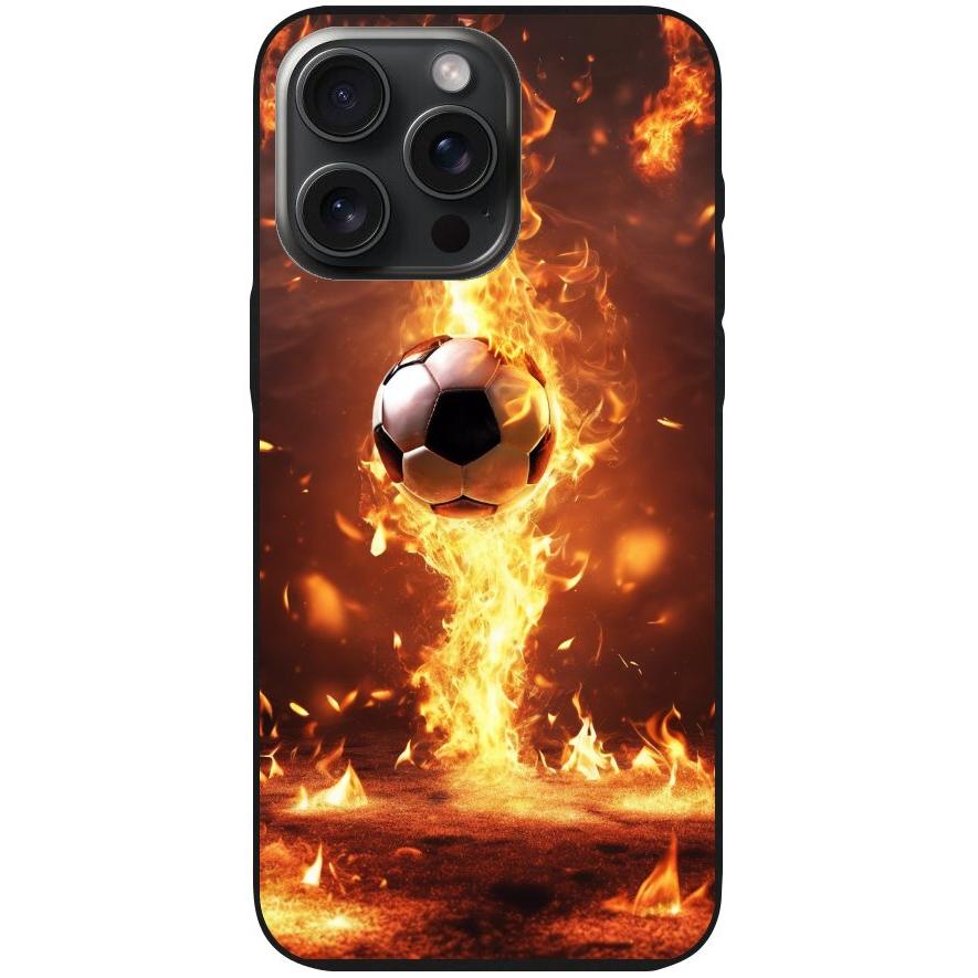 Handyhülle iPhone 15 Pro Max- Silikonhülle schwarz mit Motiv 37 Fußball in Feuer - personalisierbar