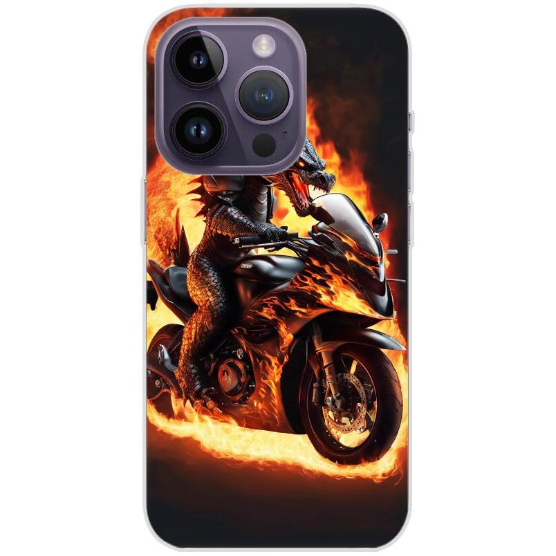 Handyhülle iPhone 14 Pro aus transparentem Silikon mit Motiv 24 Drache auf Motorrad - personalisierbar